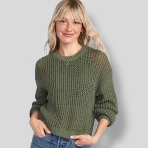 OLD NAVY 100% Cotton Army Green Open Knit / Crochet Long Sleeve Sweater Sz XXL T